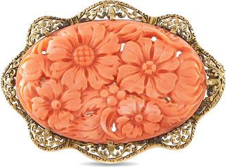 Luxury Bazaar Antique 14K Yellow Gold Carved Coral Floral Brooch MF04-092226