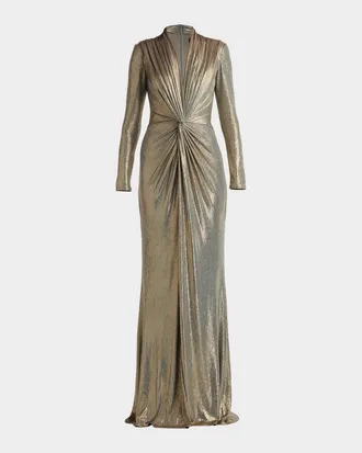 Tadashi Shoji Twist-Front Metallic Jersey Column Gown