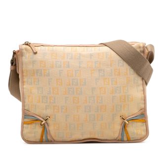 Fendi Pre-owned Womens Zucchino Canvas F Charm Crossbody - Nude Textile - One Size