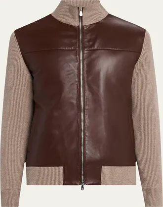 Brunello Cucinelli Mens Leather and Cashmere Knit Full-Zip Jacket