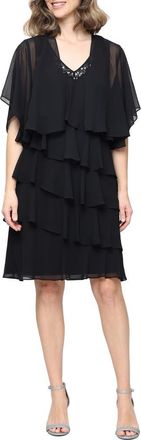 S.L. Fashions Tiered Ruffle Chiffon Dress with Jacket in Black at Nordstrom, Size 16