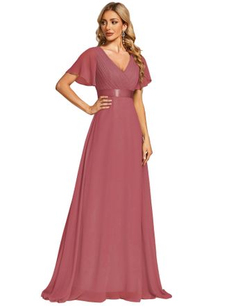 Ever-pretty Womens Double V-Neck Short Flutter Sleeves Empire Waist Elegant Chiffon Floor Length Mother of The Bride Dresses Came Brown 18UK