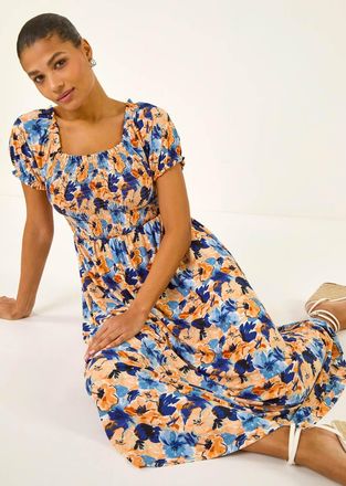 Roman Floral Print Shirred Stretch Maxi Dress