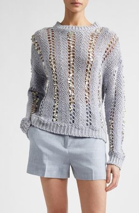 Eleventy Paillette Hand Knit Cotton & Linen Blend Pointelle Sweater in 130 Sky Blue at Nordstrom, Size X-Large