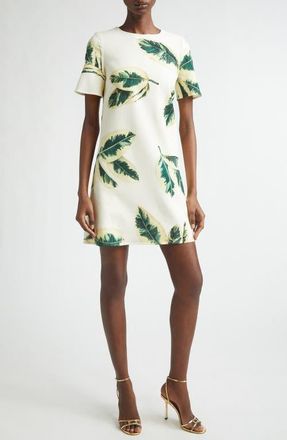 Oscar De La Renta Ficus Leaves Wool Blend Shift Dress in Green/Ivory at Nordstrom, Size 12