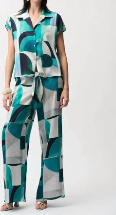 Joseph Ribkoff Satin Geometric Print Wide Leg Pull-On Pants In Green Multi
