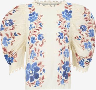 Farm Rio Bluse mit U-Boot-Ausschnitt aus Baumwolle mit Spitze