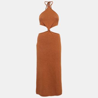 Cult Gaia Brown Knit Cut-Out Waist Halter Neck Maxi Dress