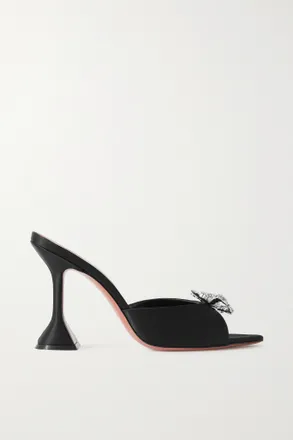 Amina Muaddi Mule In Raso Decorate Con Cristalli Rosie - Nero