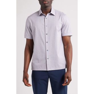 Bugatchi Miles OoohCotton Geometric Print Short Sleeve Button-Up Shirt in Cement at Nordstrom, Size Xxx-Large