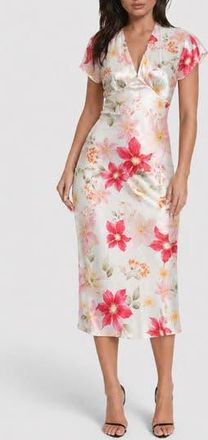 Bebe Satin V-Neck Midi Dress in Pink Floral at Nordstrom Rack, Size X-Small