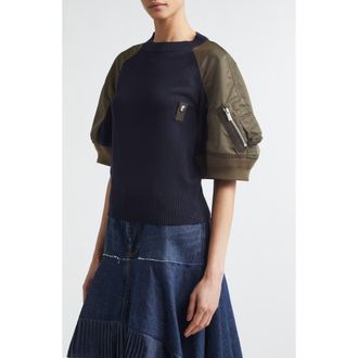 sacai Mixed Media Knit & Nylon Twill Cardigan in Navy/Dark Khaki at Nordstrom, Size 1