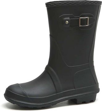 Pangolin Womens Waterproof Mid-Calf Wellington Boots, Pull-On PVC Wellies with Buckle Detail, Anti-Slip Lug Sole, Easy-Clean Garden & Walking Rain Boots Black 