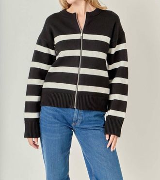 English Factory Zip Up Striped Sweater In Black/ivory