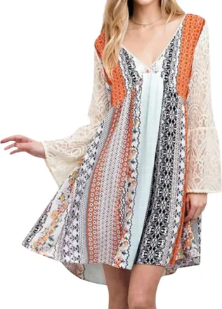 Greek Archaic Kori Mixed Print Lace Dress In Orange