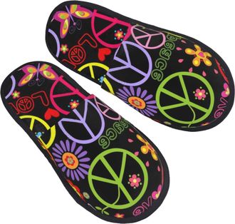 Generic Camping Slippers Rainbow Peace Love Heart Flower Plush Lined Slipper Anti-Slip Sole Sleepers Indoor Fuzzy Slippers For Bedroom Women & Men M