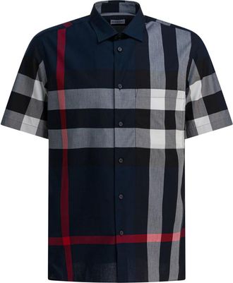 Burberry Slim Fit Geruit Katoenen Overhemd - Heren - Korte mouwen Overhemden - Blauw - M - Katoen - Overhemden