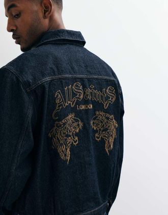 AllSaints giacca di jeans Union Tigers con ricamo sul retro in blu lavaggio scuro