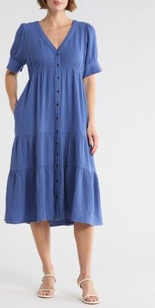 Madewell Lightspun Tiered Button Front Midi Dress in Waterfall at Nordstrom Rack, Size 00
