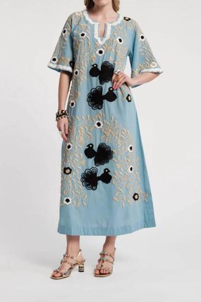 Frances Valentine Embroidery Cotton Caftan In Light Blue Peacock