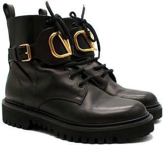 Valentino Garavani Valentino Black Go Logo Embellished Leather Ankle Boots Size 36