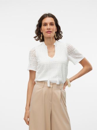 Vero Moda Spitzenshirt VERO MODA VMHONEY LACE S/S TASSEL TOP WVN GA, Damen, Gr. XS, weiss (snow wei&szlig; pattern:original lace), Web, Obermaterial: 75% Baumwolle, 2