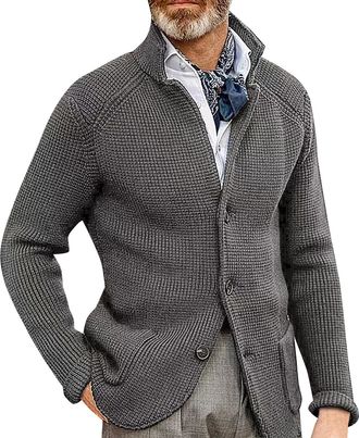 Generic Mens Cardigan Sweater Wool Blend V Neck Cable Knit Buttons Cardigan with Pockets Wool Coat Thick Needle Thickened Suit Sweater Knitted Jumper Crew Nec