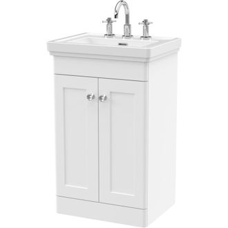 Nuie Nuie Classique Floor Standing 2-Door Vanity Unit with Basin 500mm Wide Satin White - 3 Tap Hole