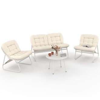 IDMarket Set Di Mobili Da Giardino Basso Arona A 4 Posti In Metallo Bianco E Cuscini Beige Con Divano, Poltrone E Tavolo