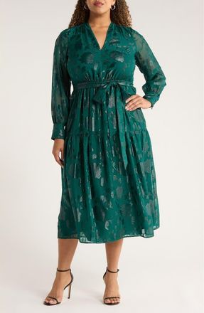 Anne Klein Floral Metallic Long Sleeve Asymmetric Tiered Dress in Midnight Pine at Nordstrom, Size 2X