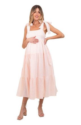 Pinkblush Gingham Lace Trim Shoulder Tie Maxi Dress in Light Pink at Nordstrom, Size Large