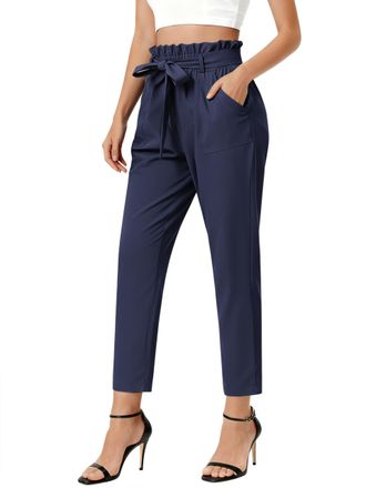 Grace Karin Womens Paper Bag Waist Pants Slim Fit Casual Office Pencil Pants, Dark Blue, Medium