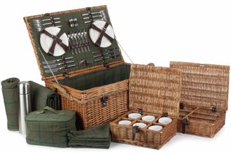 Red Hamper Wicker Rope Handled Green Tweed 6 Person Fitted Picnic Basket in Natural