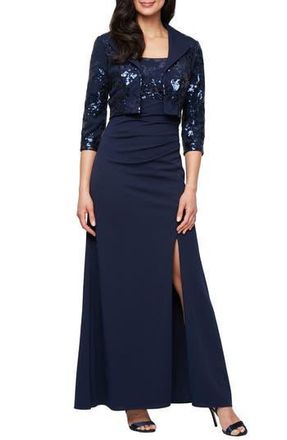 Alex Evenings Sequin Detail Sleeveless Scuba Crepe Gown with Sequin Bolero Jacket in Navy at Nordstrom Rack, Size 10