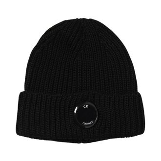 C.P. Company Beanies, male, Black, Size: ONE SIZE Blue Rib Knit Beanie with Lens
