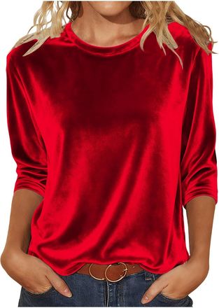 Generic Fashion Velvet Short Sleeve T Shirt - Soft Casual Basic Top for Autumn and Winter Comfortable Clothes for Autumn and Winter, red, XL