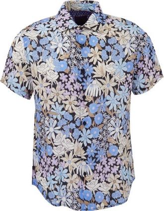Lords of Harlech Rough Floral Short Sleeve Fine Linen Shirt in Rough Floral Black at Nordstrom, Size Xx-Large