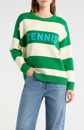 Sugarlips Tennis Stripe Relaxed Fit Cotton Sweater in Kelly-Cream at Nordstrom, Size X-Large