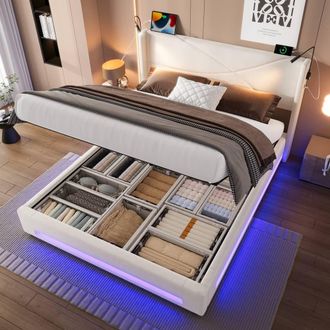 Direct Wicker Modern Hydraulic Double Bed Frame with LED Lighting & USB-C Ports in Beige