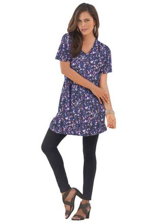 Roaman's Plus Size Ultimate Cotton V-Neck Short Sleeve Tunic in Black Blue Garden at Nordstrom, Size Medium