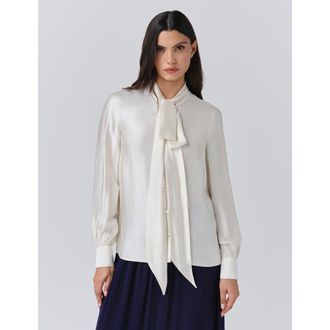 Ghost London Anna Satin Tie Neck Blouse in Ivory at Nordstrom, Size 14