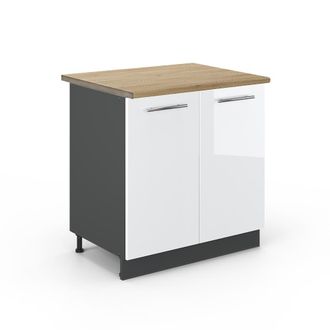 Vicco Armario Bajo Para Fregadero Fame-line, Blanco Alto Brillo, 80 Cm Con Estante, Et Roble Vicco