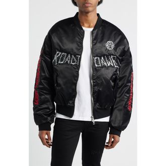 Rta Harvard Lost Frequency Bomber Jacket in Shiny Black at Nordstrom, Size Xxx-Large