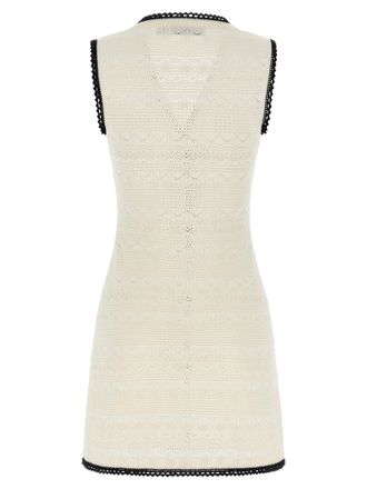 Self Portrait Pointelle Knit with Contrast Trim Mini Dress - White