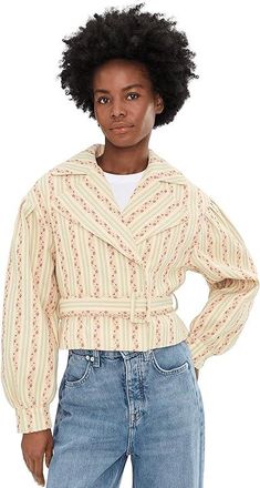 Avec Les Filles Cropped Belted Trench Coat Womens Jacket Pastel Floral Stripe : SM, Cotton/Polyester