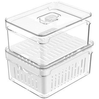 Ou Clear Stackable Fridge Organizer Bins with Drain Basket, Flat Tray and Vented Lids, 2 Pack - 2.3 Quart Each in Clear With White Drainer at