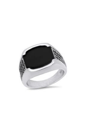 Steeltime Mens Stainless Steel Simulate Onyx Signet Ring in Silver/Black at Nordstrom Rack, Size 12