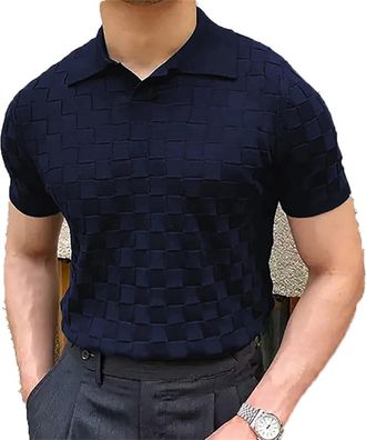 Generic Mens Vintage Plaid Knitted Polo T Shirts Casual Breathable Thin Knit Tops Solid Slim Polo Shirts 03 Dark Blue XXL