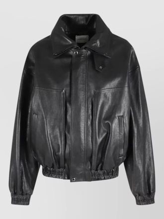 Magda Butrym aviator leather jacket high collar design