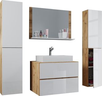 ebuy24 Vcm 5pcs Lavabo Lavabo Gabinete Inferior Ancho 80 Cm Muebles De Ba&ntilde;o Conjunto Con Cajones Puertas Giratorias Espejo Lendas Xl (roble Miel / Blanco)